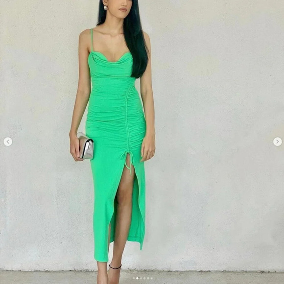 Zara Draped Side Slit Midi Dress Blogger Fav Bright Green Size XS - Picture 1 of 8